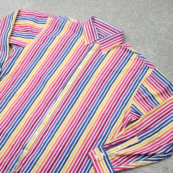 Bugatchi Uomo Shirt Mens 2XL XXL Red/Pink/Yellow Striped Cotton Long Sleeve - Picture 2 of 12